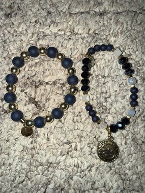 Erimish Navy and Gold Beaded Bracelet Duo with Coin Charm